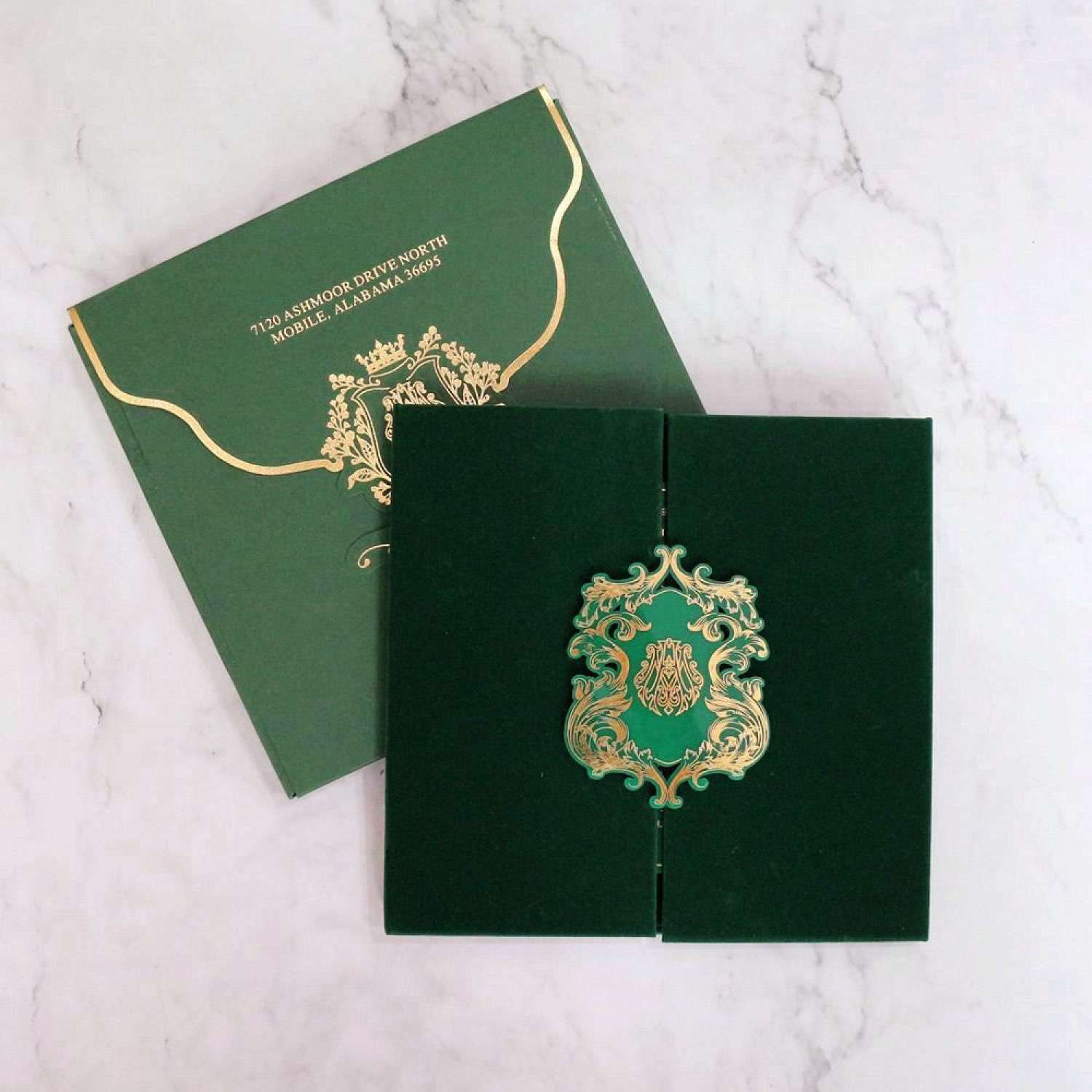 Olive Acrylic Invitation Card With Velvet Holder Foiling Printing Customized